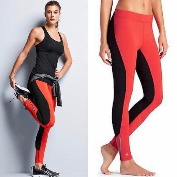 Athleta Activewear Leggings Homestretch Running Tight Blaze Red Black M New Gym - Picture 1 of 11